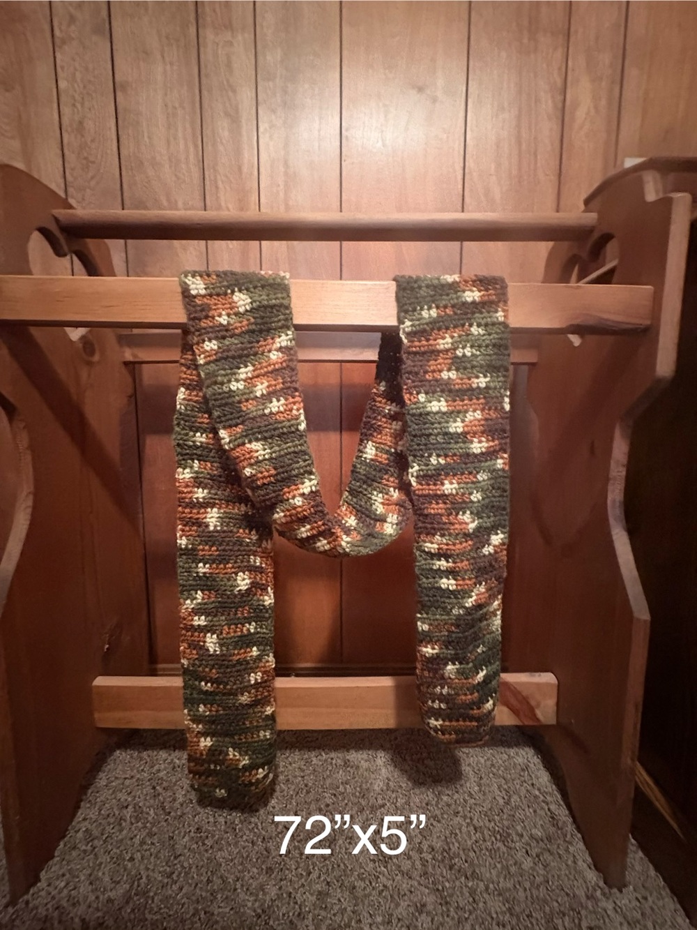 Handmade Crocheted Long Scarf in Olive, Brown & Cream
